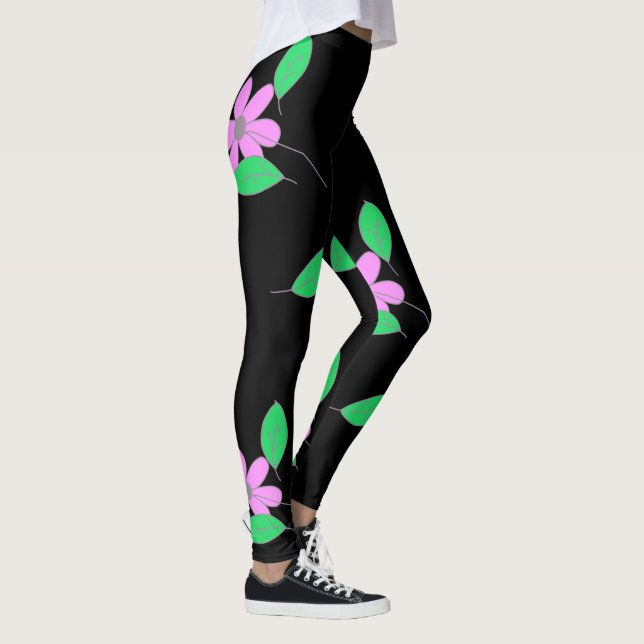 Blek Grönt Löv Rosa Flower Sketch Leggings (Höger)