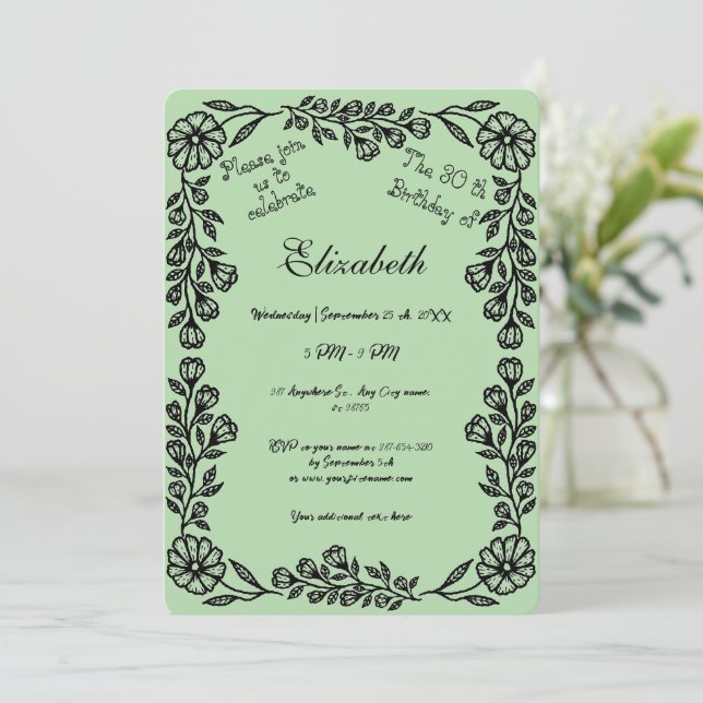 Blek Grönt och svart botanisk Blommigt 30års födel Inbjudningar (Stående Fram)