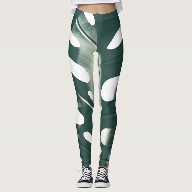 Blek Grönt Pastel Swiss Cheese Plant Leggings (Framsida)