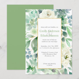 Blek Grönt Succulents & White Flowers Guld Bröllop Inbjudningar