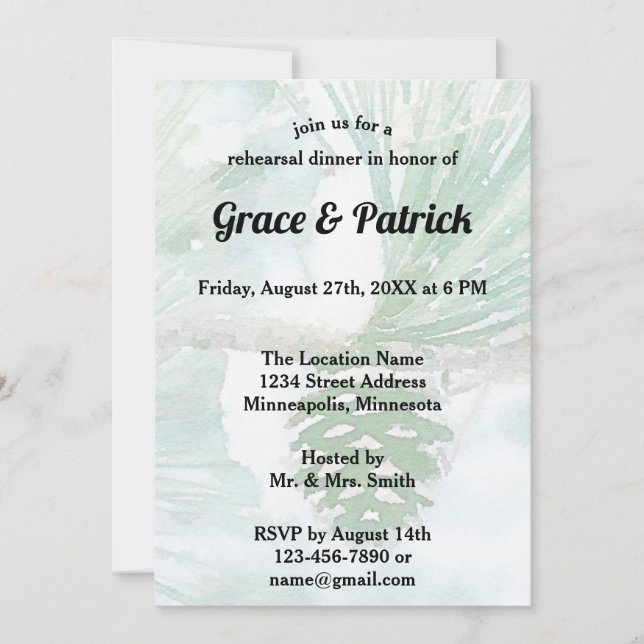 Blek Grönt Winter Gräs Cone Rehearsal Middag Inbjudningar (Framsida)