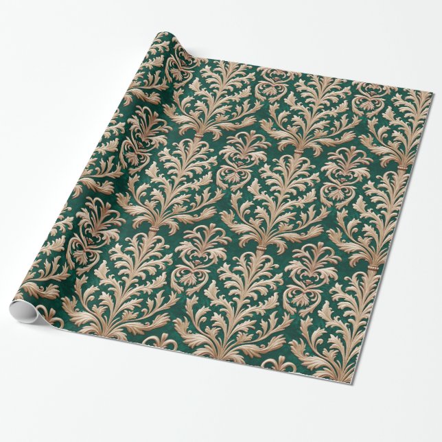 Blek Guld Blommigt Damask Forest Grönt Velvet Presentpapper (Utrullad)