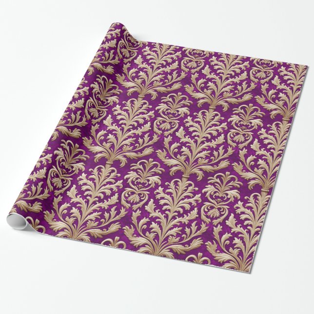 Blek Guld Blommigt Damask Royal Rosa Velvet Presentpapper (Utrullad)