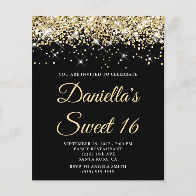 Blek Guld Glitter Black Sweet 16 BUDGETinbjudan (Framsida)