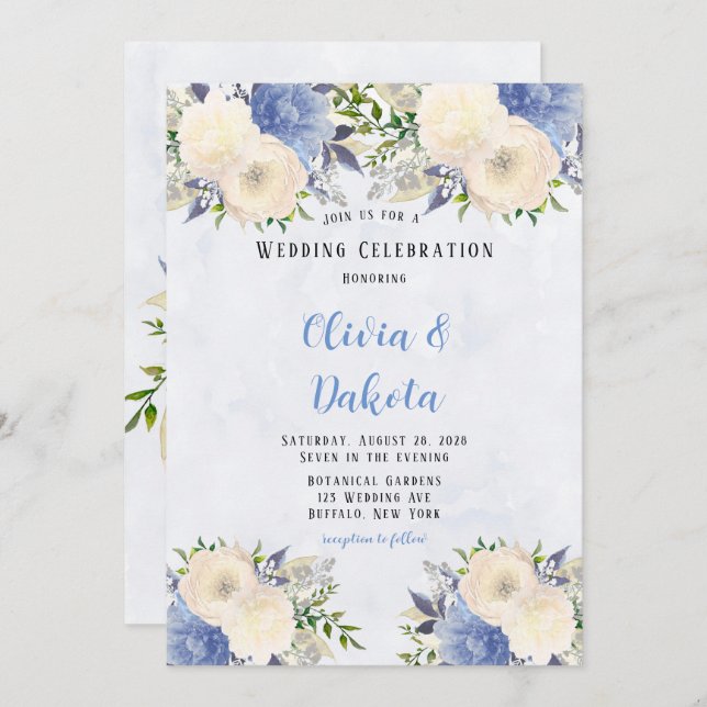 Blek Gult Dusty Blue Botanical Peony Bröllop Inbjudningar (Fram/baksida)