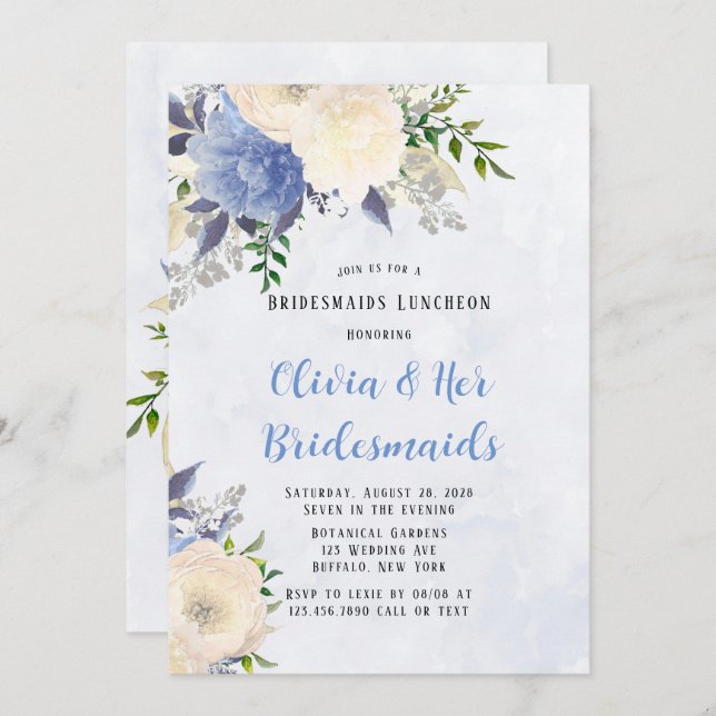 Blek Gult Dusty Blue Peony Bridesmaids Luncheon Inbjudningar (Fram/baksida)