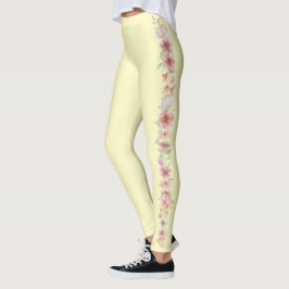 Blek Gult med Blommigt Rand på sidan Leggings