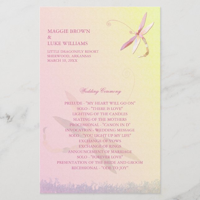 Blek Gult & Rosa Dragonfly Bröllopsprogram (Framsida)