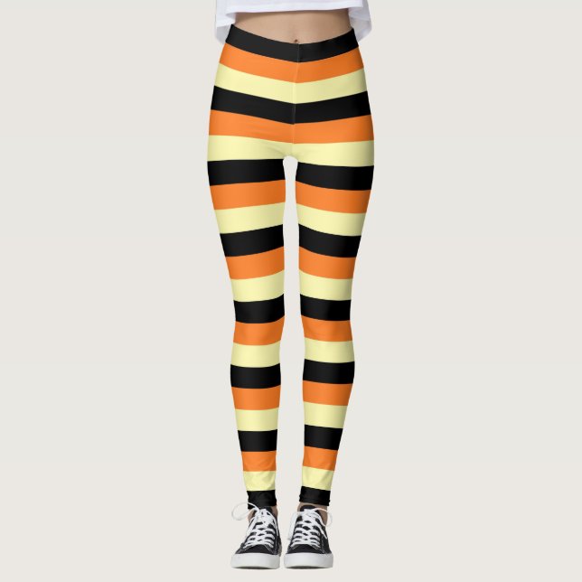 Blek - gult-, svart- och orangerandar leggings (Framsida)