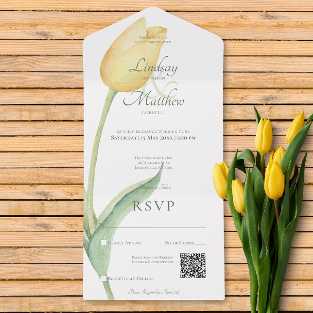 Blek Gult Tulip Solo Rosa Modern QR-kod (Pale Yellow Tulip Solo Pink Modern QR Code All In One Invitation)