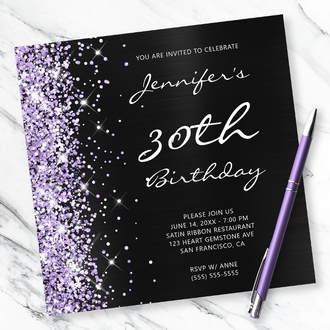 Blek Lavender Glitter Black Foil 30års födelsedag Inbjudningar (Skapare uppladdad)