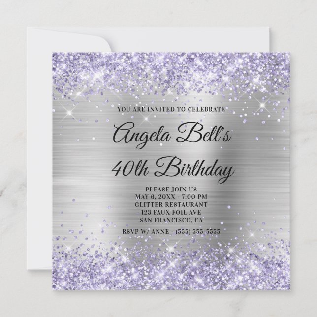 Blek Lavender Glitter Silver Shimmer Foil Monogram Inbjudningar (Framsida)