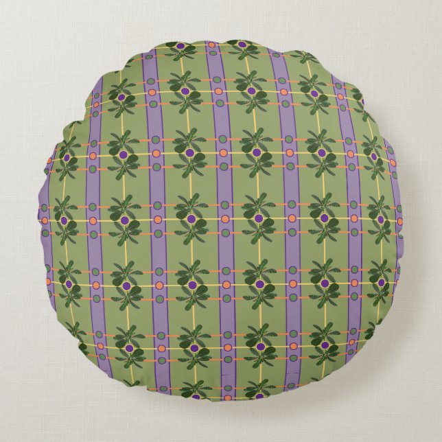 Blek Lavender Rand med Gröntar Round Pillow Rund Kudde (Framsidan)