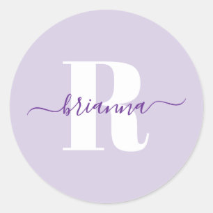 Blek Lila Skript Namn fet Monogram Runt Klistermärke