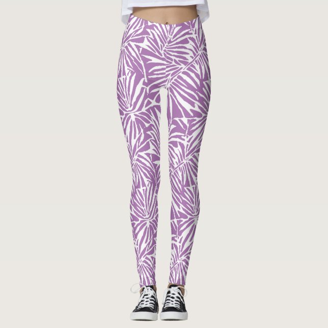 Blek Lila Tropical Löv Repating Mönster Leggings (Framsida)