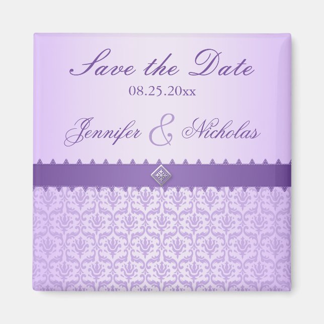 Blek Lilac Metallic Damask & Ribbon Spara datum Magnet (Framsidan)