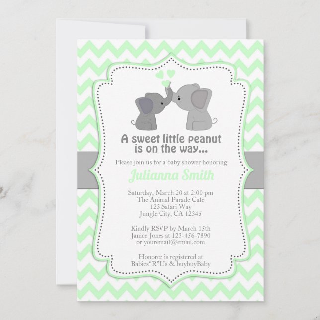 Blek Lime Elephant Baby Shower-inbjudan Chev 473 Inbjudningar (Framsida)