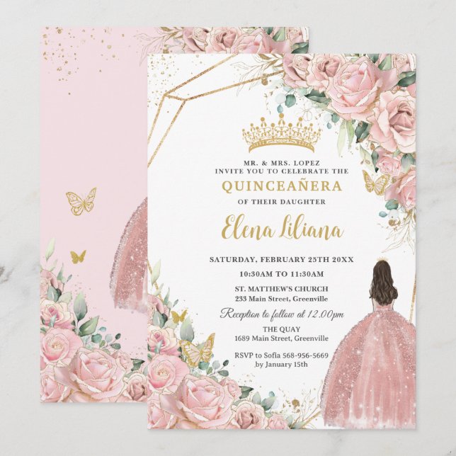Blek Ljus rosa Blommigt Ro Quinceanera Sweet 16 Inbjudningar (Fram/baksida)