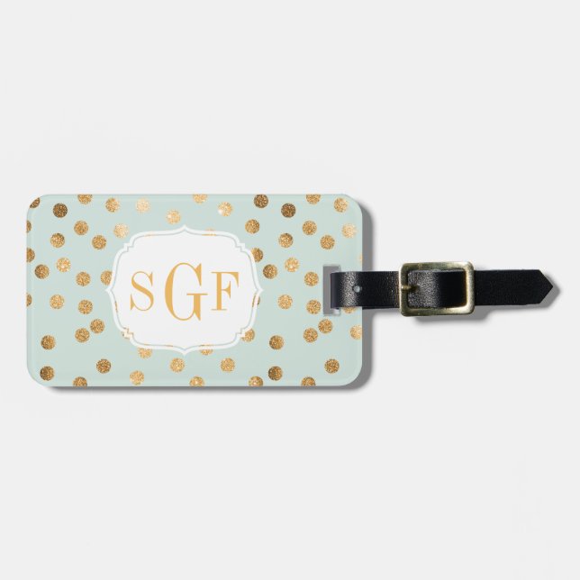 Blek Mint Blue och Guld Glitter City Dots Monogram Bagagebricka (Horisontell Framsida)
