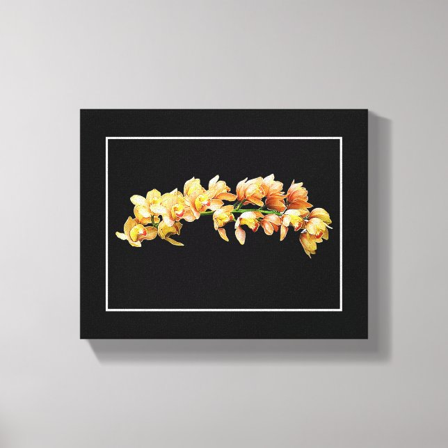 Blek Orange Gult Orchids Black Background Canvastryck (Framsida)
