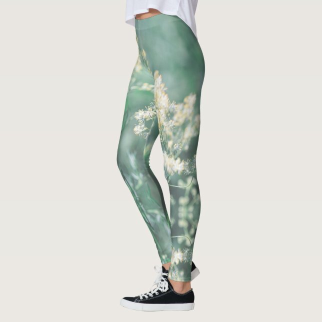 Blek Pastel Grönt Gult Vild  Meadow Flowers Leggi Leggings (Vänster)