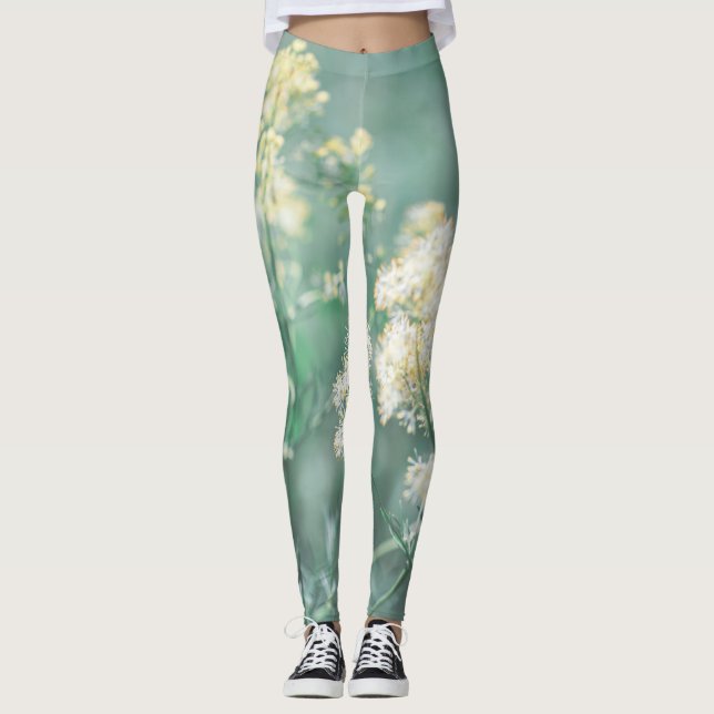 Blek Pastel Grönt Gult  Vild Skugga Blommor Leggings (Framsida)