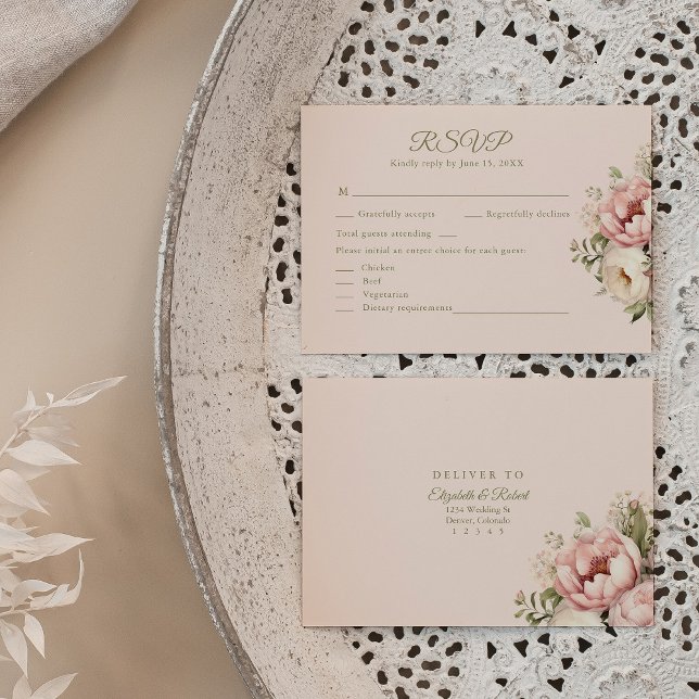 Blek Peach och Dusty Ro Blommigt Bröllop OSA Card Tack Kort (Pale Peach and Dusty Rose Floral Wedding RSVP Card on boho lux wedding table.)