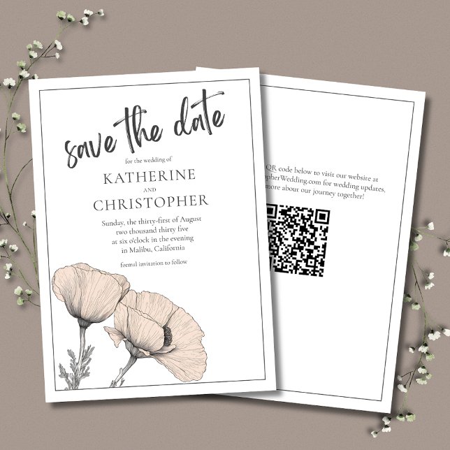 Blek Peach Poppies Elegant Blommigt Bröllop Spara Datumet (Pale Peach Poppies Elegant Save the Date Card with QR Code for Wedding Website.)
