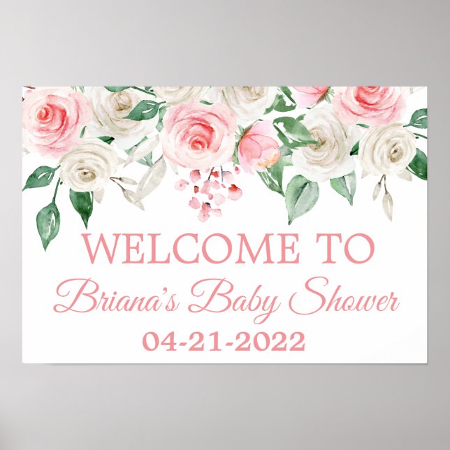 Blek Peach  Rosa Blommigt Baby Shower Välkommen Poster (Framsidan)
