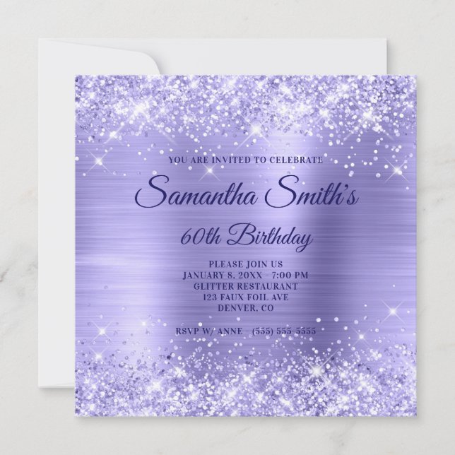 Blek Periwinkle Glitter och Foil 60 Birthday Inbjudningar (Framsida)