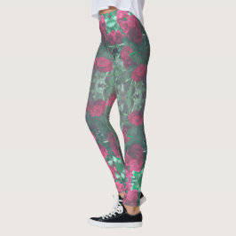 Blek Röd ros Grönt Löv Flowers Leggings
