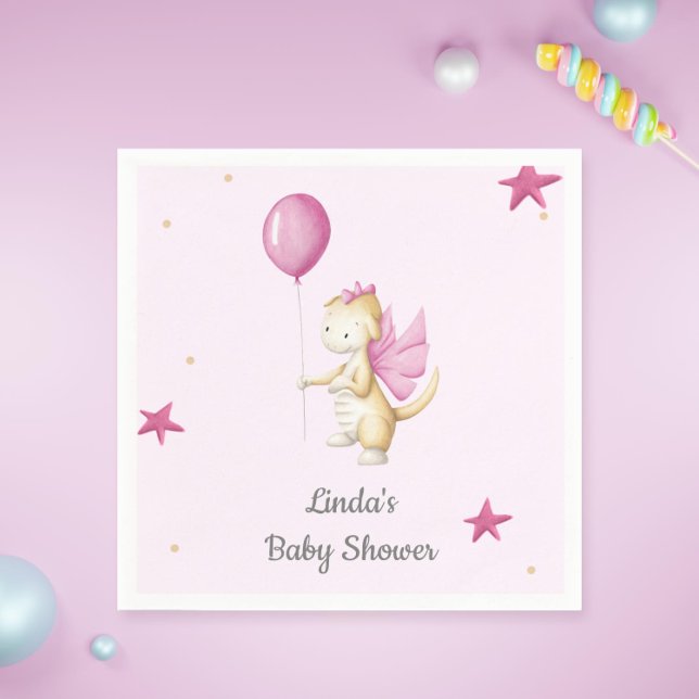 Blek Rosa Baby Dragon med Balloon Party Pappersservett (Cute pink baby shower paper napkins with an illustration of a baby dragon holding a pink balloon)