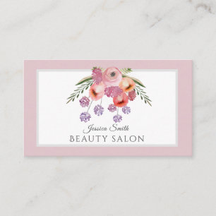 Blek rosa Boho vattencolor blommigt bouquet Visitkort