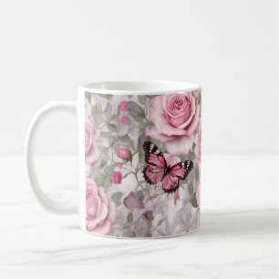 Blek Rosa Butterflies och Ro Blommigt Kaffemugg
