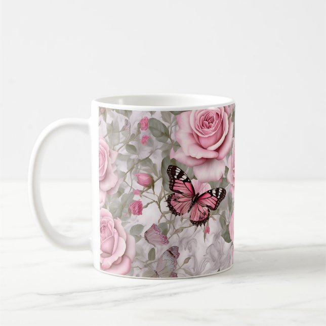 Blek Rosa Butterflies och Ro Blommigt Kaffemugg (Vänster)