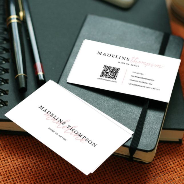 Blek Rosa Calligraphy Typography QR-kod Visitkort (Skapare uppladdad)