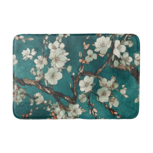 Blek Rosa Cherry-Blommar på Aqua Teal Background Badrumsmatta