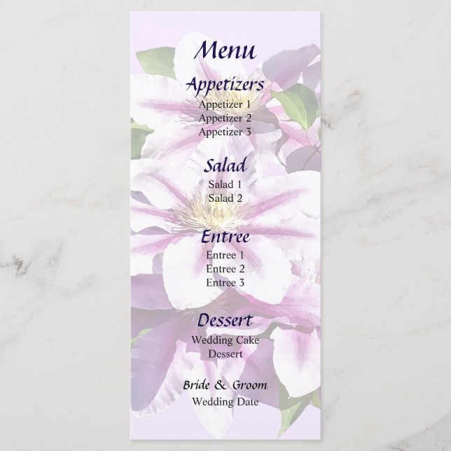 Blek Rosa Clematis Bröllop Menu Meny (Framsida)