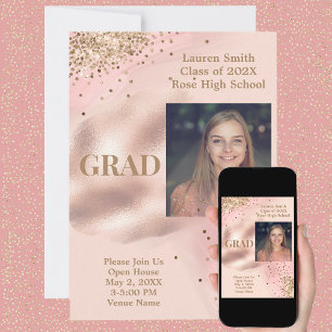Blek Rosa Guld Glitter Photo Studenten Inbjudningar