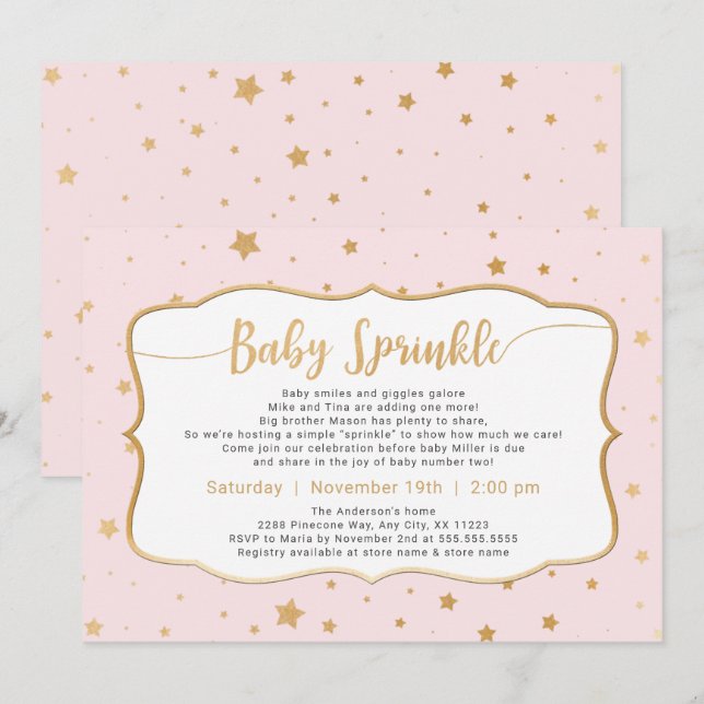 Blek Rosa Guld Stars Baby Sprinkle Inbjudningar (Fram/baksida)