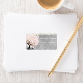 Blek Rosa Heart Löv Träd på Grått Watercolor Adressetikett