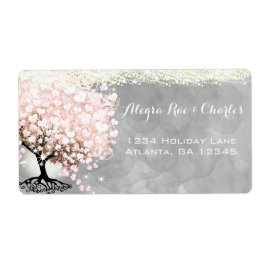 Blek Rosa Heart Löv Träd på Grått Watercolor Adressetikett