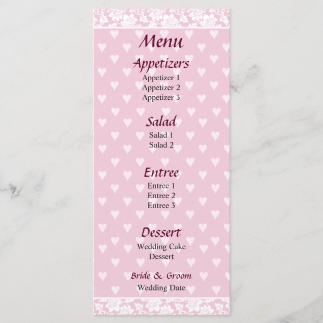 Blek Rosa Hearts Bröllop Menu Meny (Framsida)