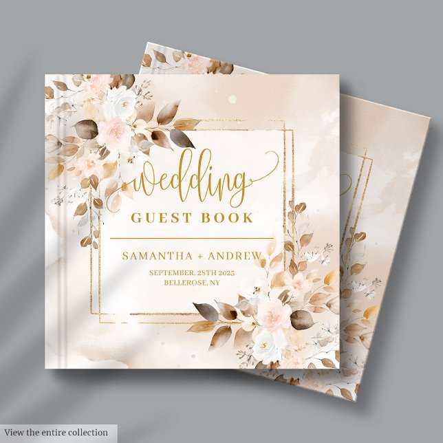 Blek Rosa och Guld Autumn Bouquet Bröllop Bok (Pale Pink and Gold Autumn Bouquet Wedding Guest Book

)