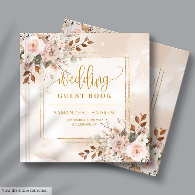 Blek Rosa och Guld Fall Blommigt Bröllop Guest Bok (Pale Pink and Gold Fall Florals Wedding Guest Book

)