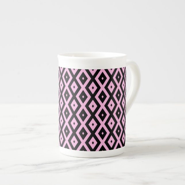 Blek rosa och svart diamant mönster benporslin mugg (Framsida höger)