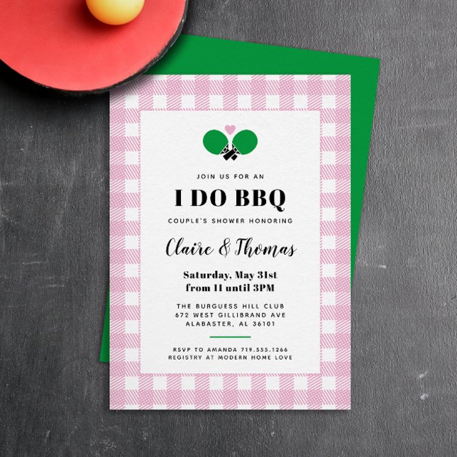 Blek Rosa Pput I Do BBQ Ping Pong-inbjudan Inbjudningar (preppy pink, green and white gingham plaid country club I Do BBQ invitation)