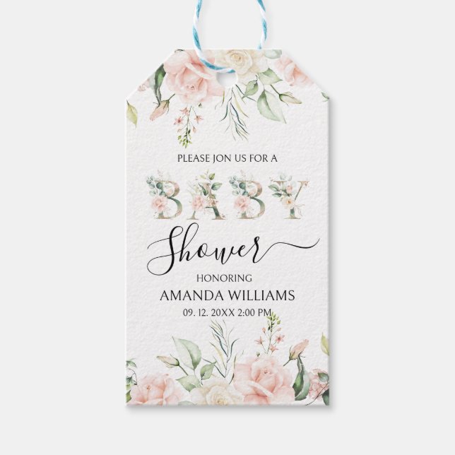 Blek Rosa ros Blommigt Brev Baby Shower Presentetikett (Framsidan)