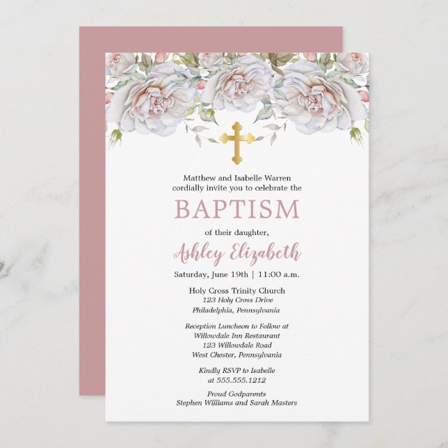 Blek Rosa ros Watercolor Blommigt Baptism Inbjudningar (Fram/baksida)
