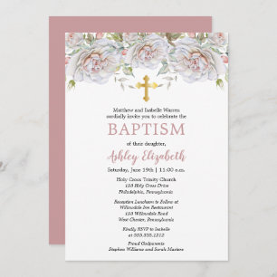 Blek Rosa ros Watercolor Blommigt Baptism Inbjudningar